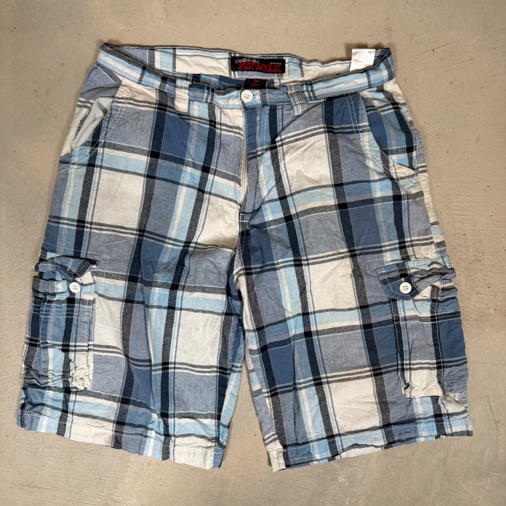Airwalk Mens Plaid Cargo Shorts Blue White Size 34 Skater Y2K Casual Summer